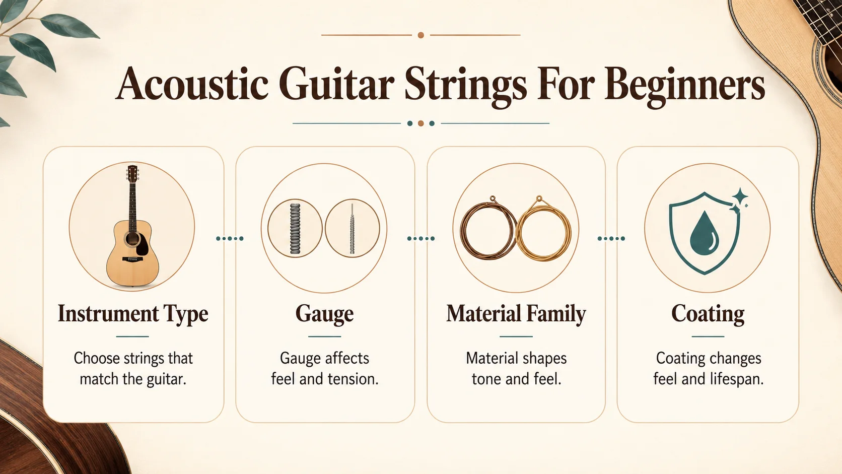 Category explainer graphic separating beginner acoustic string questions into instrument type, gauge, material family, and coating.