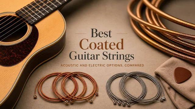 Neutral comparison matrix separating coated guitar string options by instrument family and coating lane