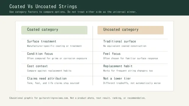 Educational comparison graphic showing coated and uncoated guitar string category factors