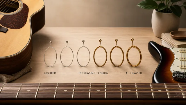 Educational tension concept graphic showing a string-like curve with gauge, tuning, and scale-length context cards