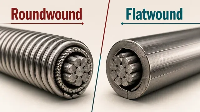 Educational comparison graphic separating roundwound and flatwound guitar string construction
