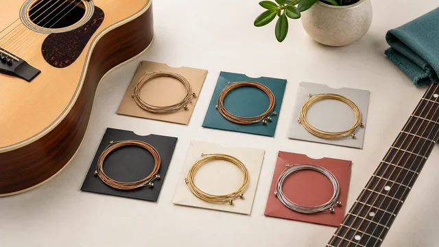 Acoustic guitar strings arranged for comparison