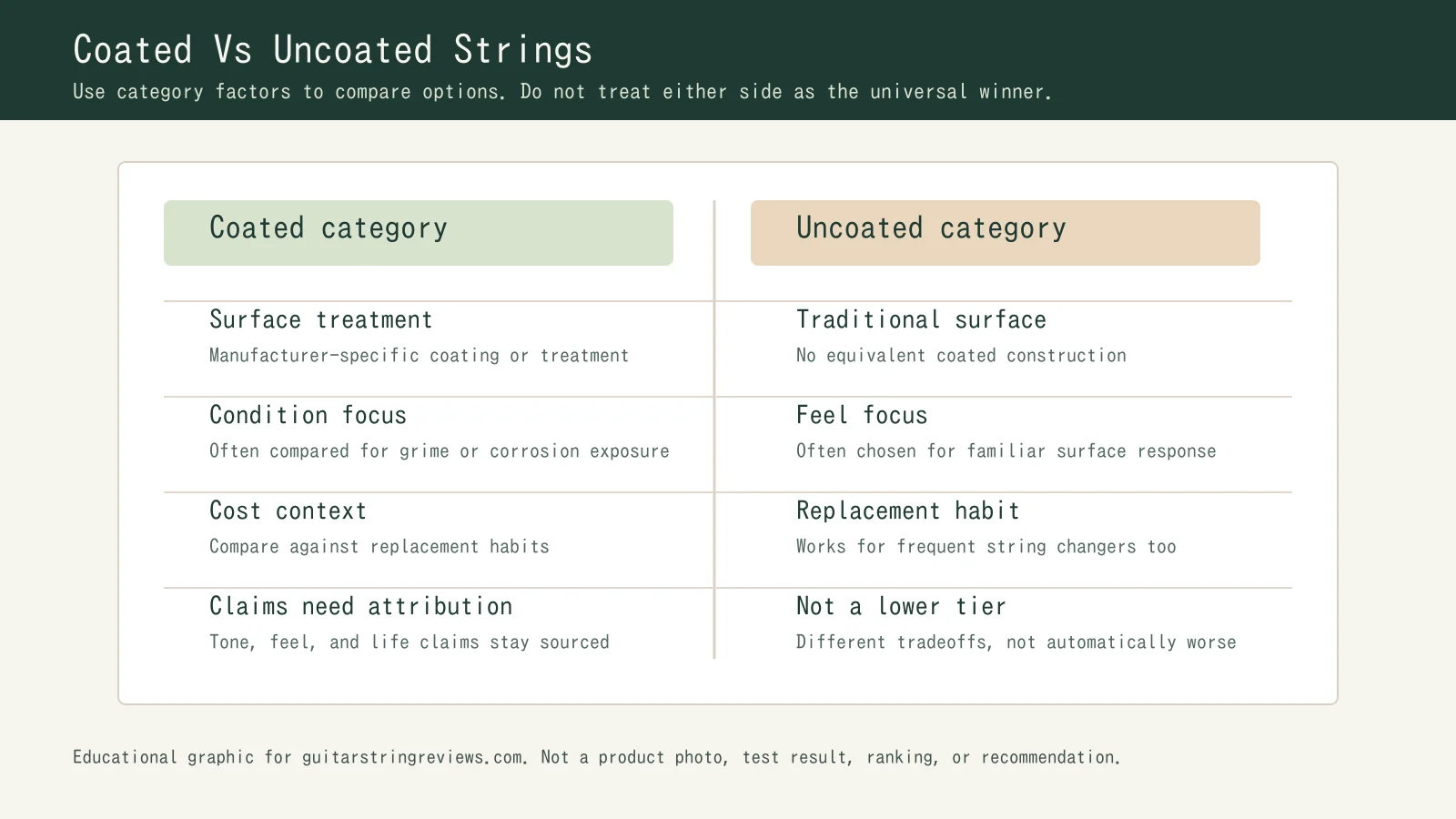 Educational comparison graphic showing coated and uncoated guitar string category factors