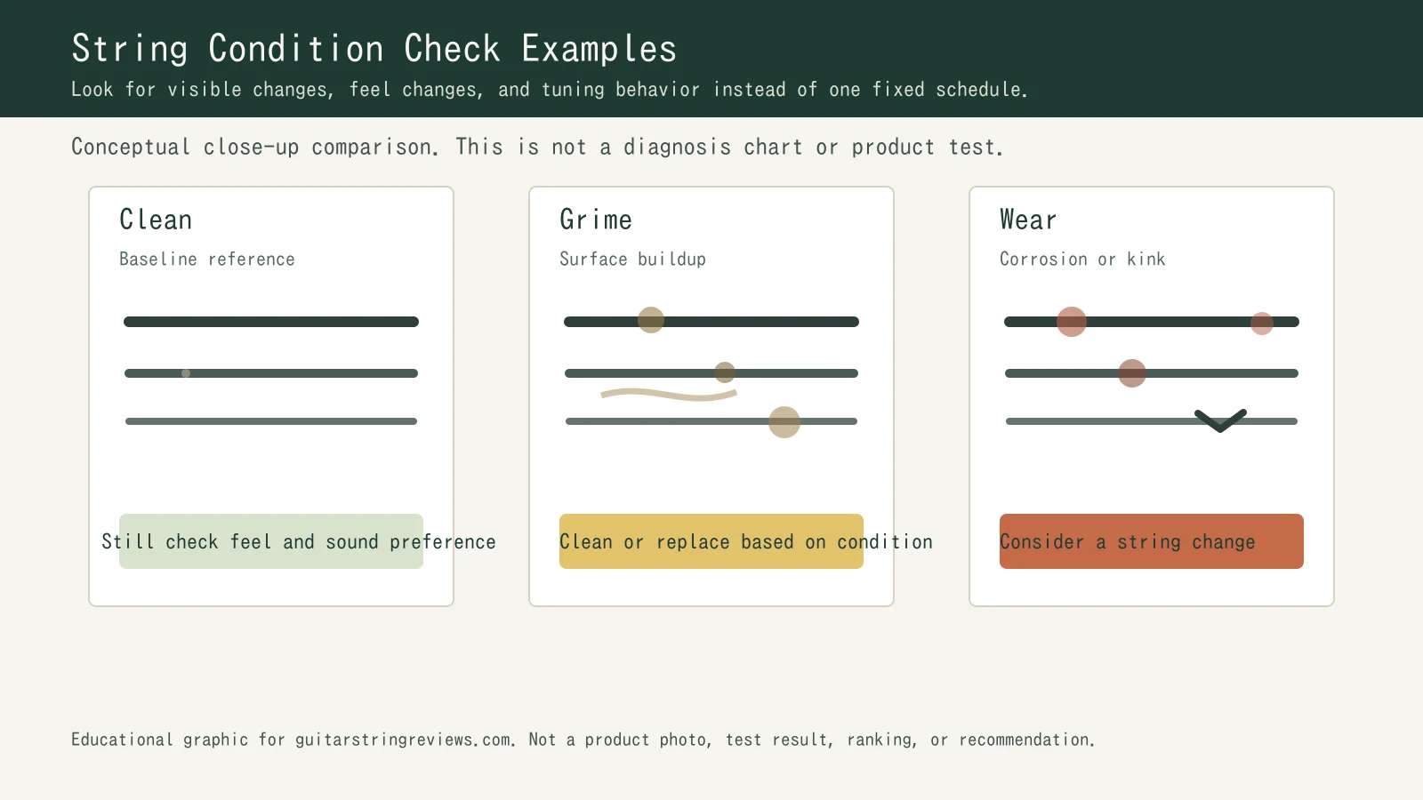 Close-up comparison of clean and visibly worn guitar strings for condition checks