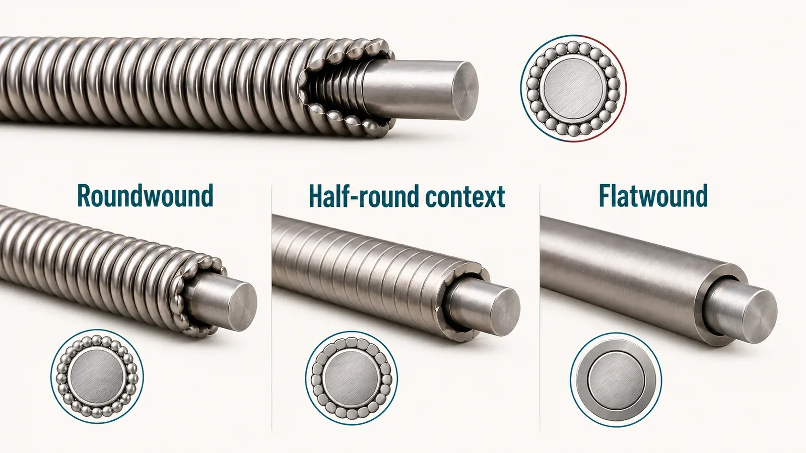 Explainer graphic showing wound-string construction, outer wrap shape, and a neutral half-round context note.