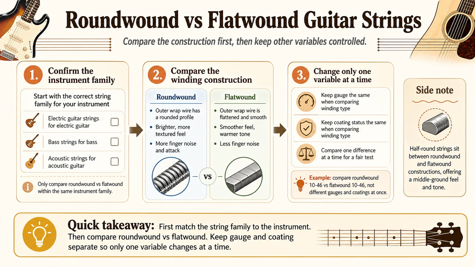 Decision-path graphic showing roundwound and flatwound as construction choices after the player confirms the instrument and keeps gauge steady.