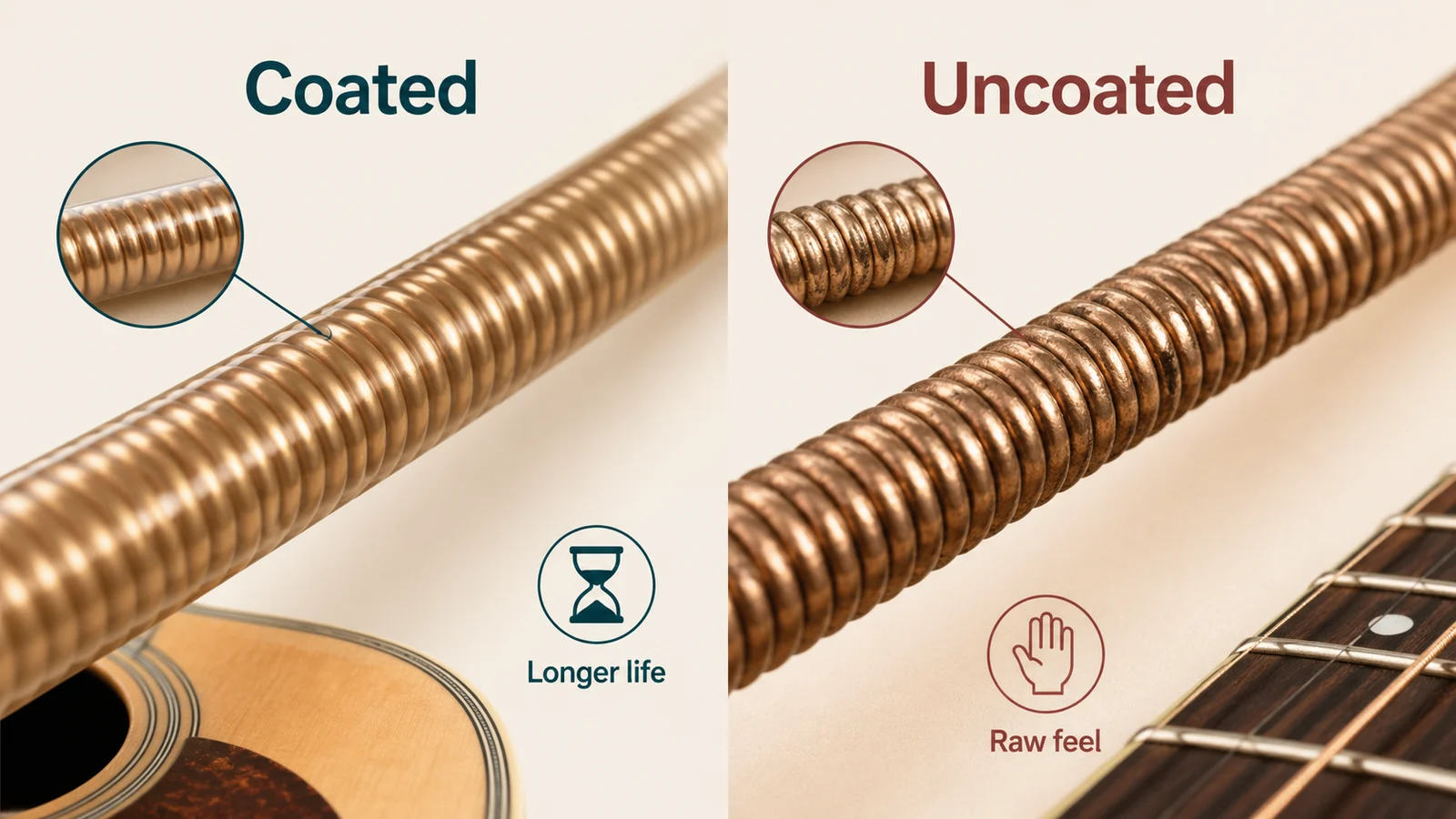 Comparison graphic showing coated and uncoated acoustic guitar string surfaces with lifespan and feel cues.