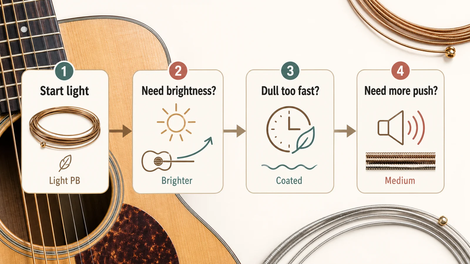 Decision-path graphic showing how to choose a first acoustic guitar string set by starting light, then adjusting brightness, coating, or gauge.