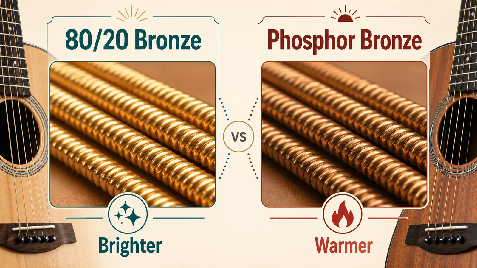 Comparison graphic showing 80/20 bronze and phosphor bronze acoustic guitar string material choices.